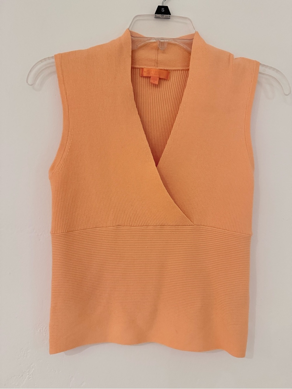 Guess Ribbed V-Neck Knit Top in Peach